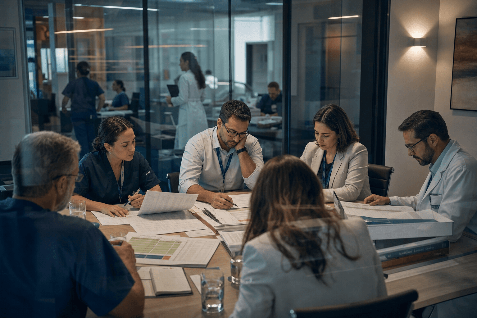 Equipe interdisciplinar analisando documentos de uma operação em saúde